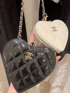 CHANEL Heart-Shaped Quilted Patent Leather Crossbody - Black & White
